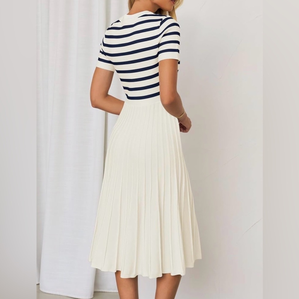 Nautical Stripe Knit Midi Dress - Ivory & Navy - Size M - Picture 6 of 7